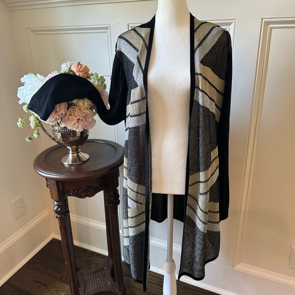 Chico’s evening wear, knee length cardigan, black, silver, gold, sz 2 - Picture 2 of 9